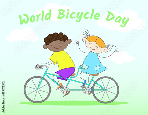 Joyful boy and girl on a tandem bike on a light background for World Bicycle Day