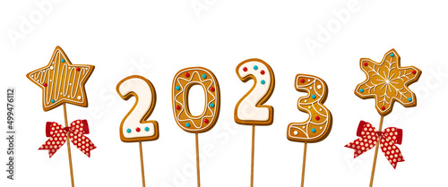 Gingerbread cookie numerals on sticks with phrase 2023 in cartoon style. Sweet biscuit star and snowflake in new year message isolated on white background. Cute number Vector illustration
