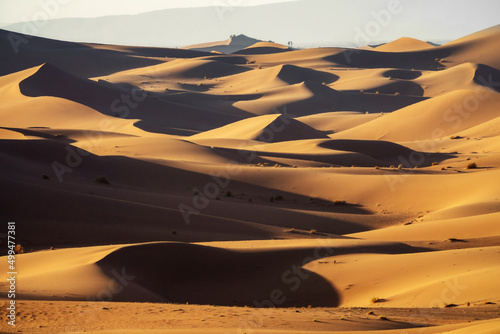 Background with beautiful structures of sandy dunes at sunrise in the Sahara desert