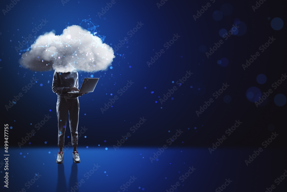 Obraz Cloud headed hacker with laptop standing on abstract blue bokeh interior background with mock up place. Sky is the limit, motivation concept. fototapeta, plakat