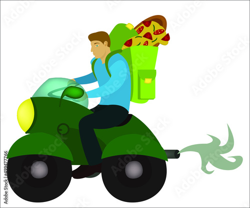 A man on a green motorcycle with a hot pizza in his bag. This logotype can be used as an advertising concept for pizza companies. The logo is about transporting a pizza to customers. Vector, isolated.