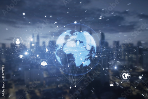Creative bright globe interface with various business icons and connections on blurry city backdrop. Global network and technology concept. Double exposure.