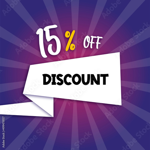 15 percent discount purple banner with floating paper for promotions and offers.