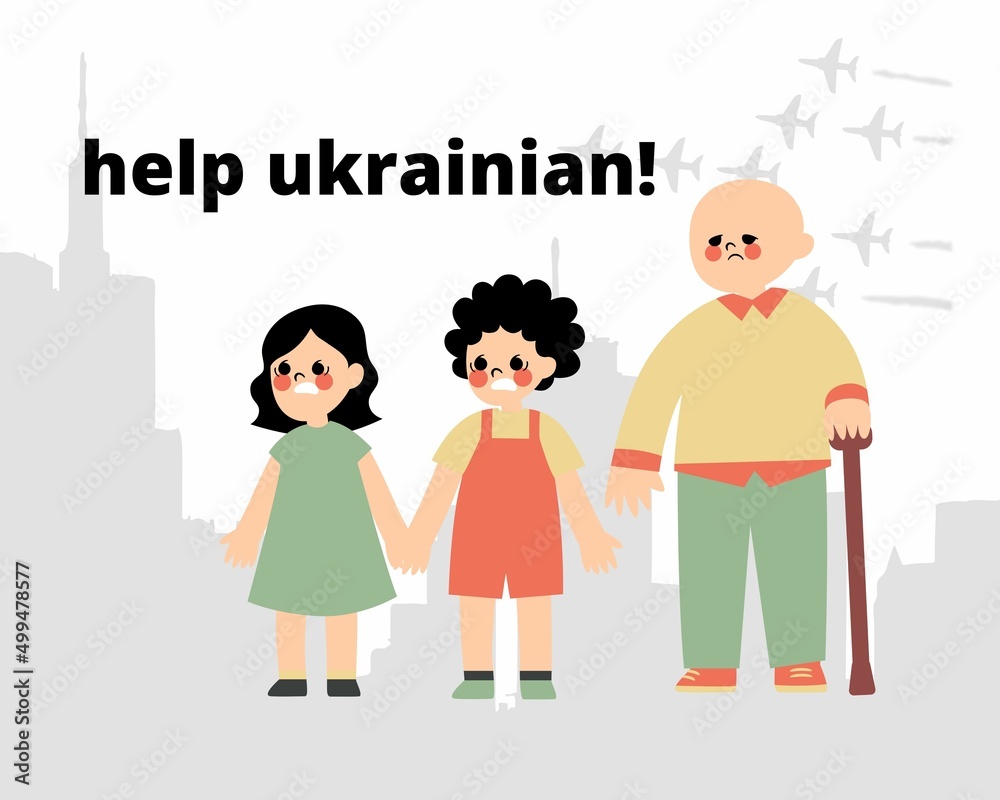 family in the city, help ukrainian, vector, illustration, scared kids with grandpa, war planes family in the city, help ukrainian, vector, illustration, scared kids with grandpa, war planes