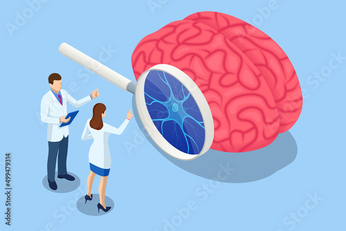 Isometric neurology, cognition, neuronal network, psychology, neuroscience scientific. Neurons in the brain. Medical Research Microscope. Synapse and Neuron cells sending electrical chemical signals.