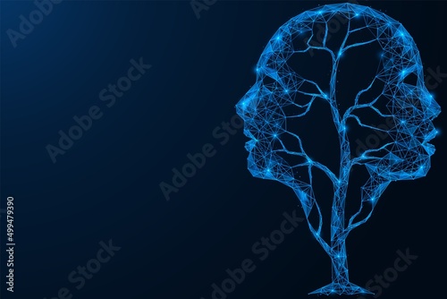 A tree with foliage in the shape of people's faces. Personal growth. Low-poly design of interconnected lines and dots. Blue background.