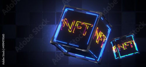 non fungible token. NFT technology concept. NFT inscription on a technological abstract cube. 3d render photo