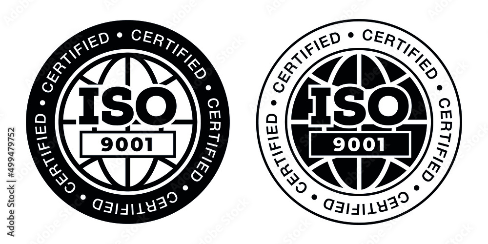 ISO 9001 stamp sign - quality management systems. QMS standard. Flat black pictogram with international quality management system guarantee emblem.
