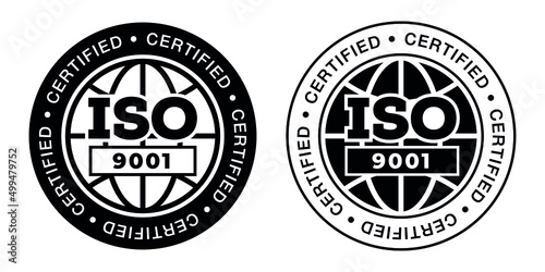 ISO 9001 stamp sign - quality management systems. QMS standard. Flat black pictogram with international quality management system guarantee emblem.