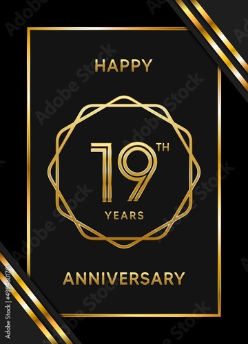 19 Years Anniversary logotype. Anniversary celebration template design with golden ring for booklet, leaflet, magazine, brochure poster, banner, web, invitation or greeting card. Vector illustrations
