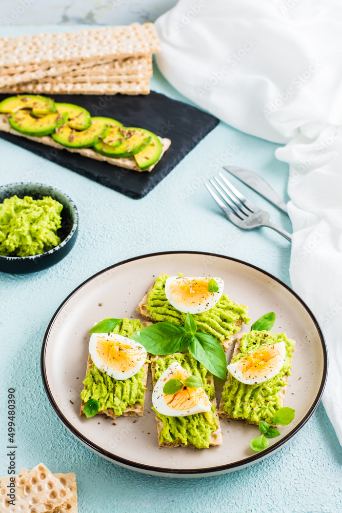 Appetizing crispy bread sandwiches with avocado and boiled egg on a plate. Vertical view