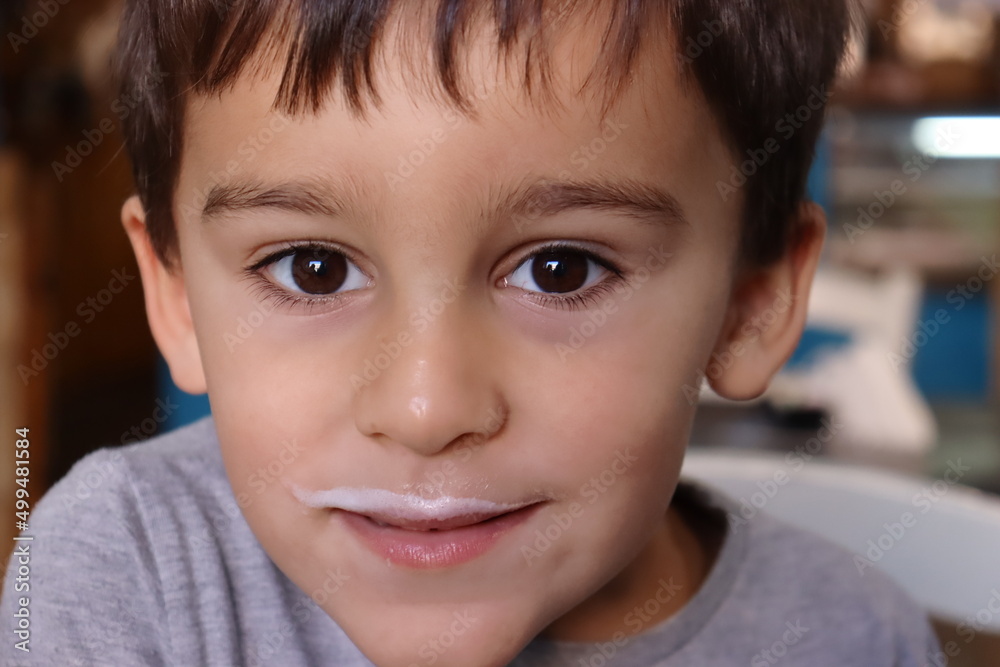 Portrait of brown-eyed brunette boy with milk foam mustache on upper lip. Portrait of brown-eyed brunette boy with milk foam mustache on upper lip.