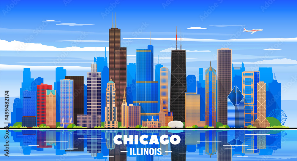 Fototapeta premium Chicago skyline on background. Flat vector illustration. Business travel and tourism concept with modern buildings. Image for banner or web site.