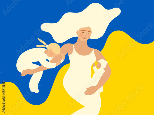 Young mother resting with daughter and baby, dressed in white, against yellow-blue Ukraine background. Vector illustration.