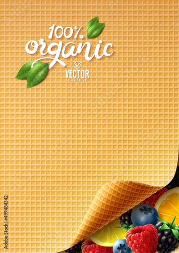 Paper shaped ice cream cone. Lemon, orange, blueberry, raspberry and blackberry