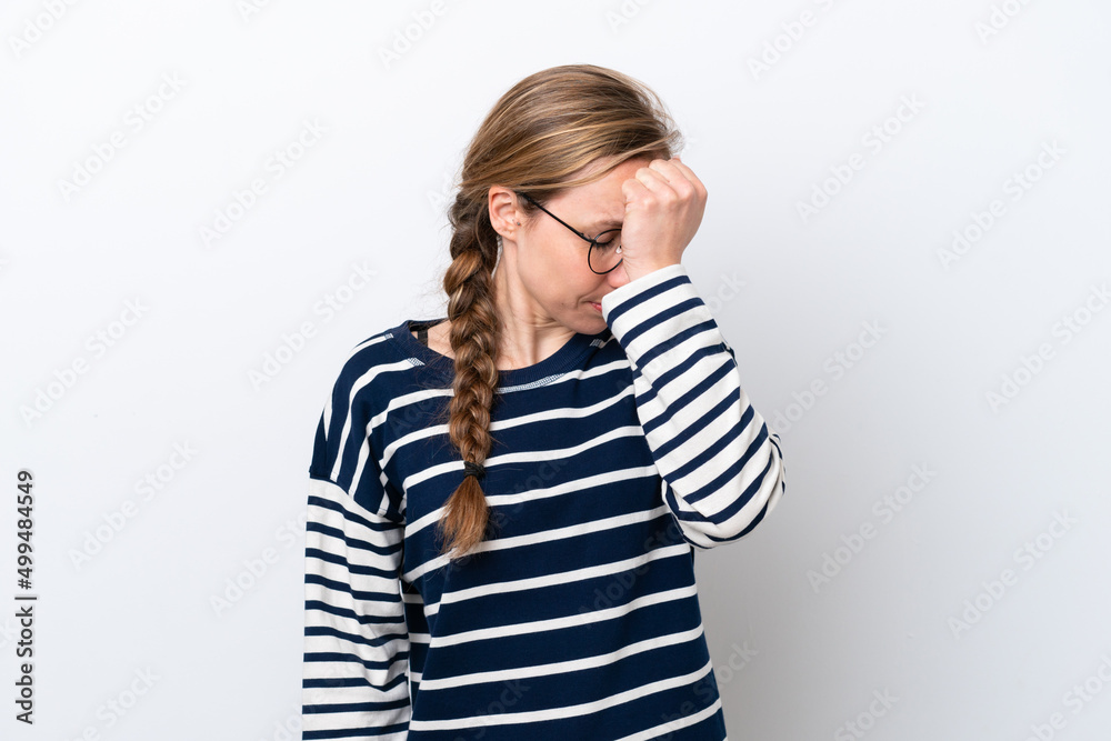 Young caucasian woman isolated on white background with headache Young caucasian woman isolated on white background with headache