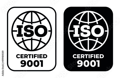 ISO 9001 stamp sign - quality management systems. QMS standard. Flat black pictogram with international quality management system guarantee emblem.