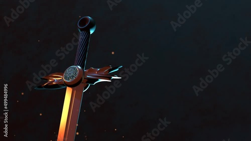 One decorated medieval sword with hilt close up on black background. 3D 4k animation of historical weaponry and flame particles with no people