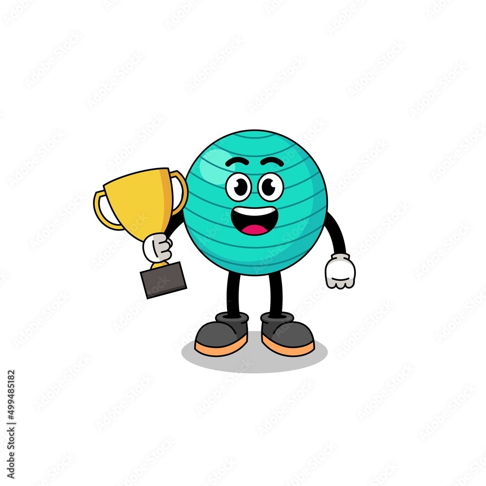 Cartoon mascot of exercise ball holding a trophy Cartoon mascot of exercise ball holding a trophy