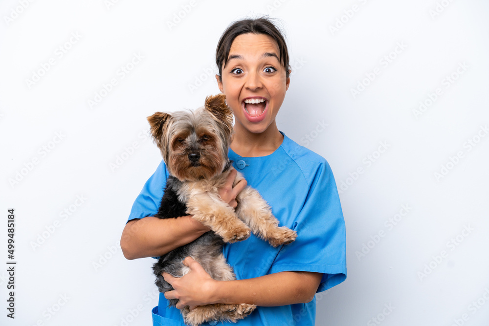 Young veterinarian woman with dog isolated on white background with surprise and shocked facial expression Young veterinarian woman with dog isolated on white background with surprise and shocked facial expression