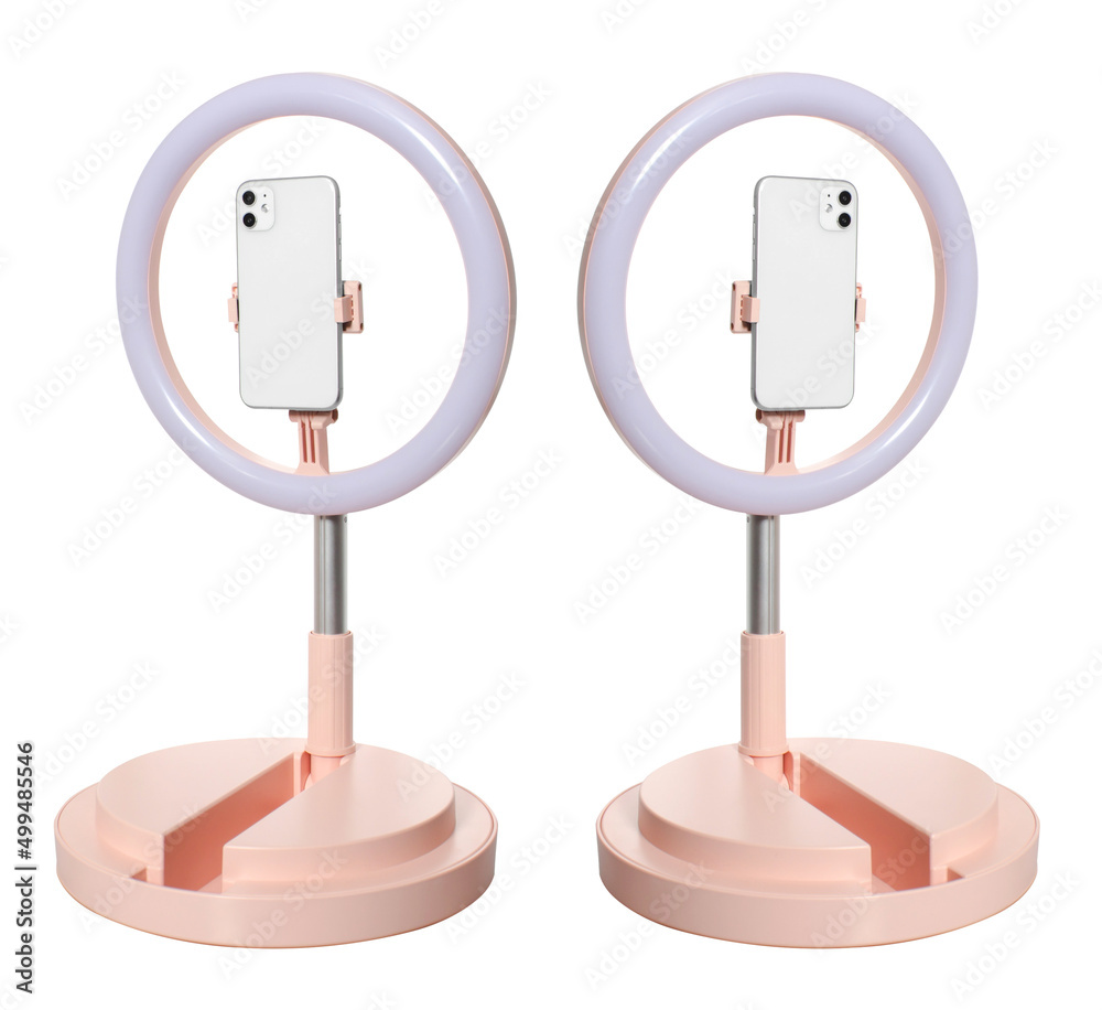 selfie ring lamp with smartphone holder, on stand isolated on white background selfie ring lamp with smartphone holder, on stand isolated on white background