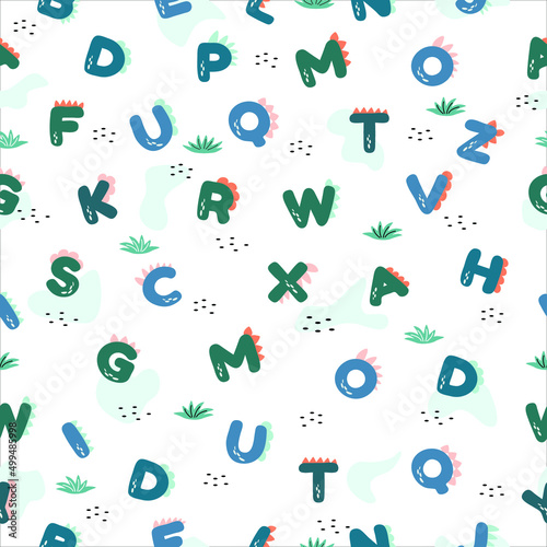 Seamless pattern with dinosaur alphabet. Vector illustrtion of ABC background in cartoon style.