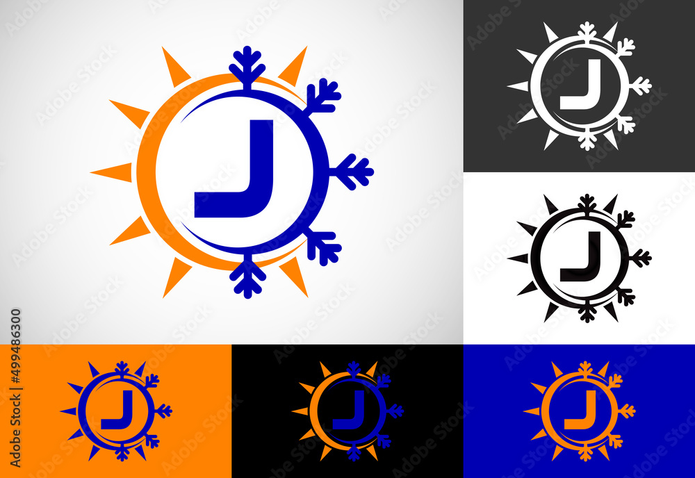 Initial J monogram alphabet with abstract sun and snow. Air conditioner logo sign symbol. Hot and cold symbol. Initial J monogram alphabet with abstract sun and snow. Air conditioner logo sign symbol. Hot and cold symbol.