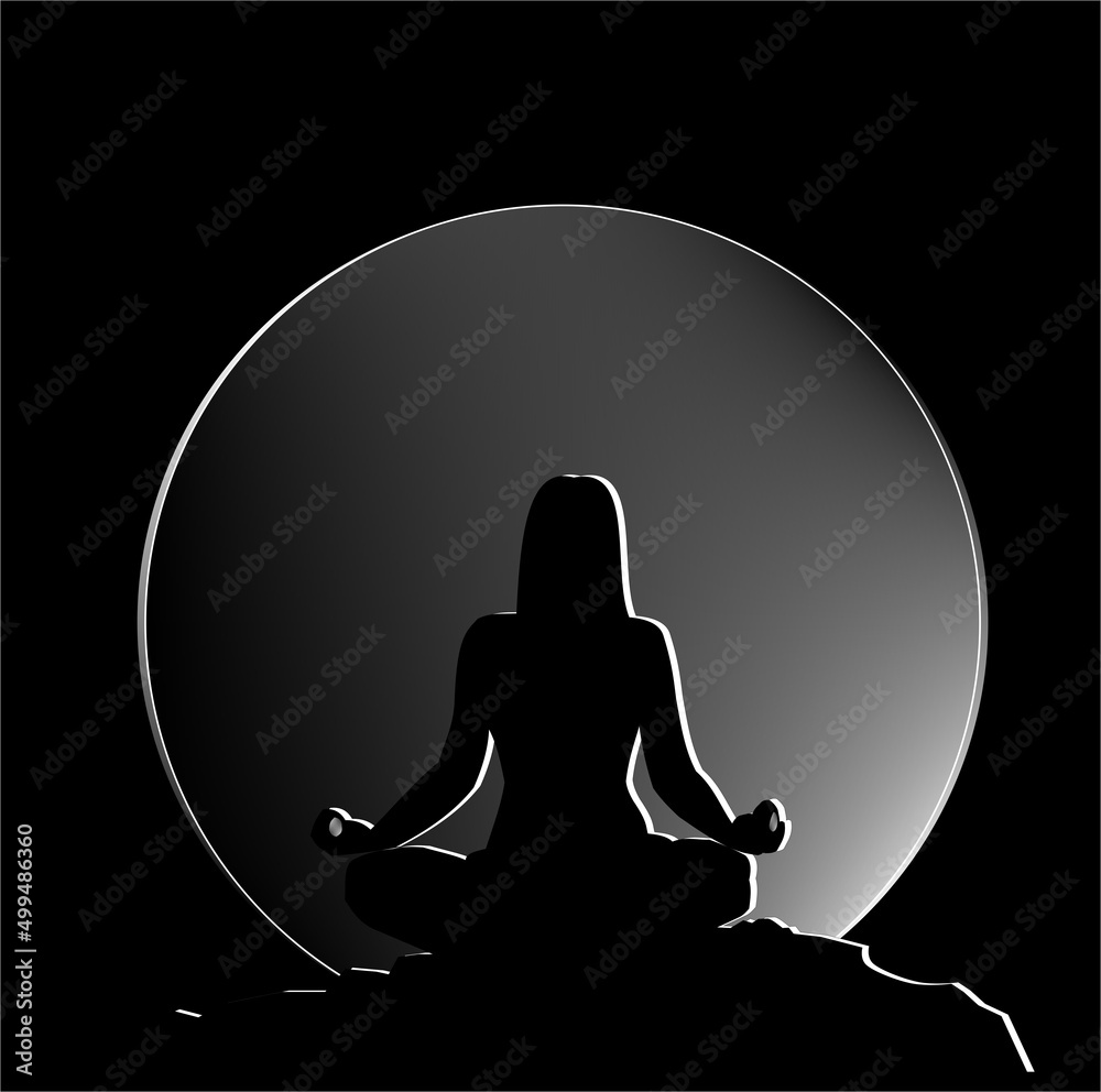 Woman meditating facing the moon. Woman meditating facing the moon.
