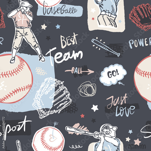 Baseball seamless pattern on a dark background. Sports background with lettering, baseball players, balls for textile design, covers. Hand drawing, motivation.