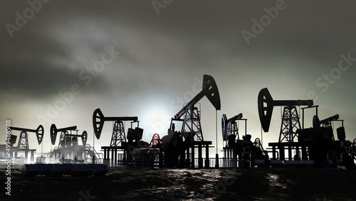 Oil pump, oil industry equipment, drilling derricks silhouette from oil field at sunset. Energy supply crisis, power supply, energy crisis. 3D rendering illustration with dramatic sky