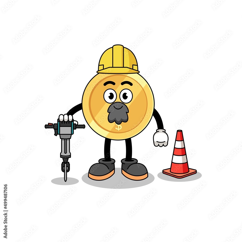 Character cartoon of dollar coin working on road construction Character cartoon of dollar coin working on road construction