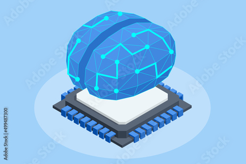 Isometric human brain with micro chip. artificial intelligence and implants of artificial organs.