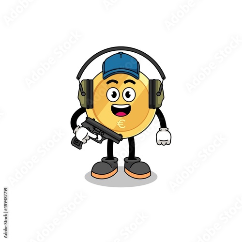 Character mascot of euro coin doing shooting range