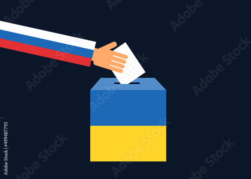Russian hand is voting and electing by throwing ballot paper into ballot box. Fake referendum - Russia is manipulating election, poll in Ukraine. Vector illustration.
