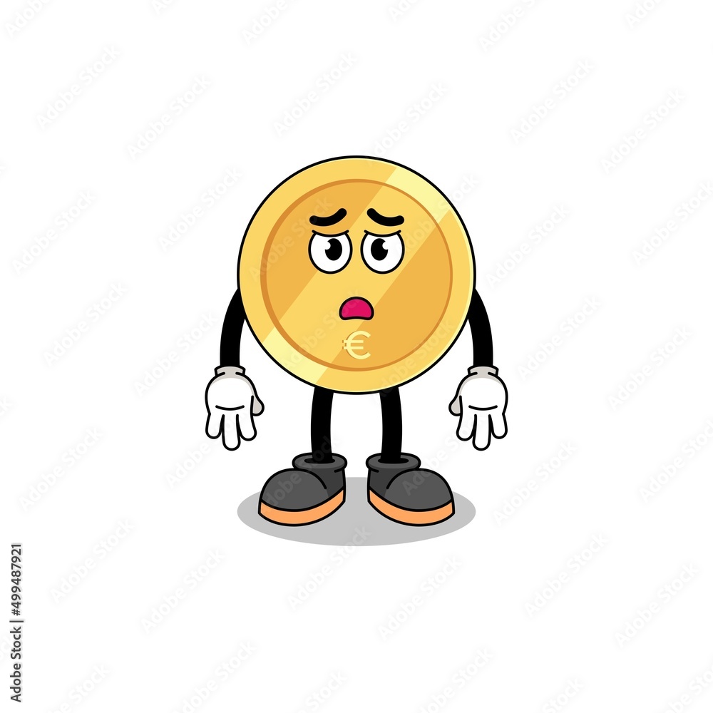 euro coin cartoon illustration with sad face