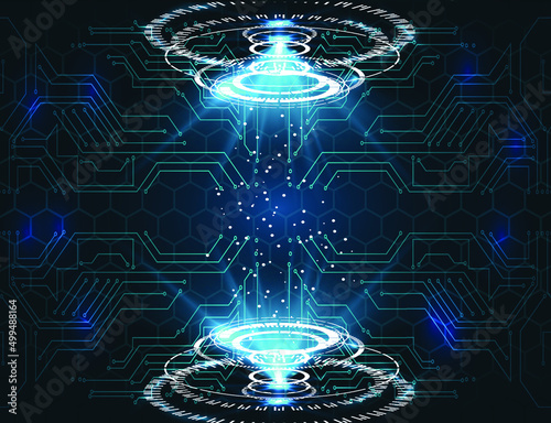 Hi tech modern tech stage or room with digital architecture circuit line around. Magic portal, hologram, circle teleport, Sci-fi gadget. High-tech projector HUD style. Futuristic magic circle podium
