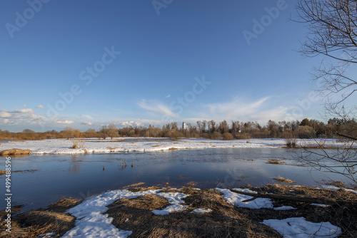 A picturesque landscape  early spring  a river with snow-covered banks  dry grass and bushes. March sunny day by the river. The first thaws  the snow is melting.