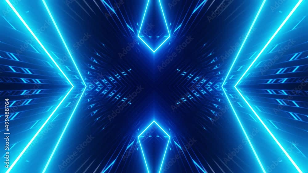 Vj loop neon room. Mirror room with moving neon light. light. Abstract festive bg with bright reflection. Dark room disco lights. Seamless looped bg with neon light. Night club bright neon style bg.