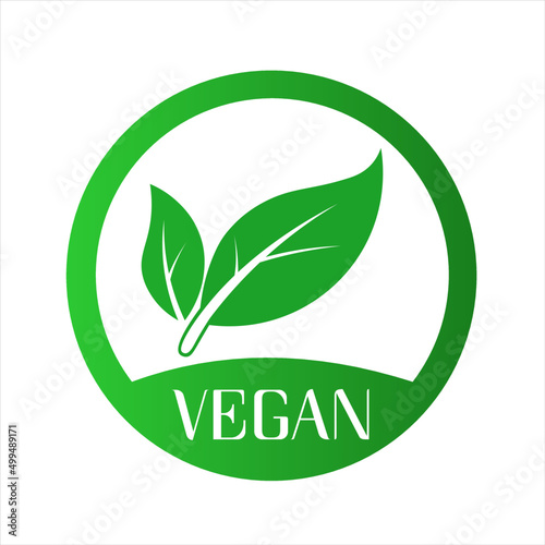Vegan vector icon. Organic, bio, eco symbol. Vegan, no meat, lactose free, healthy, fresh and nonviolent food. Round green vector illustration with leaves for stickers, labels and logos