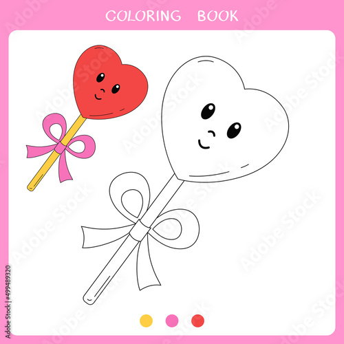 Simple educational game for kids. Vector illustration of cute lollipop in heart shape for coloring book