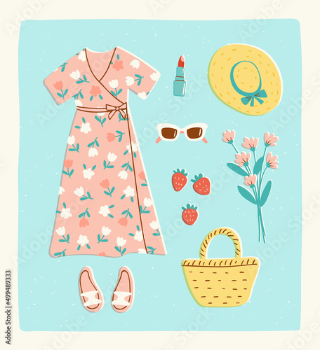 Summer outfit for a woman. Romantic floral dress, sun hat, straw bag and sunglasses in trendy retro style. Vector illustration of summertime fashion.