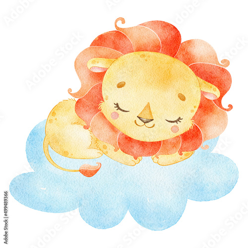 Digital watercolor. Cute cartoon lion is sleeping. Small tropical animals.