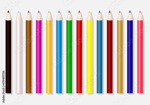 Vector set of 14 colored pencils realistic illustration on white background.