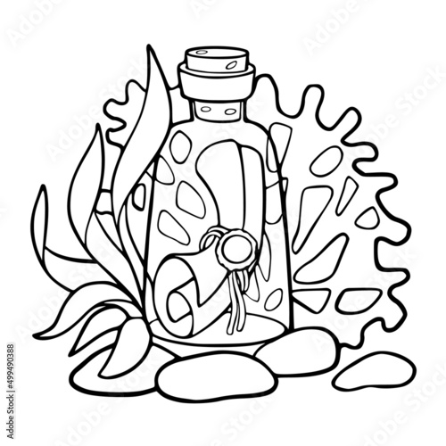 Coloring page with outline drawing of pirate of bottle with letter. Vector illustration of sea treasure with corals and algae. 
