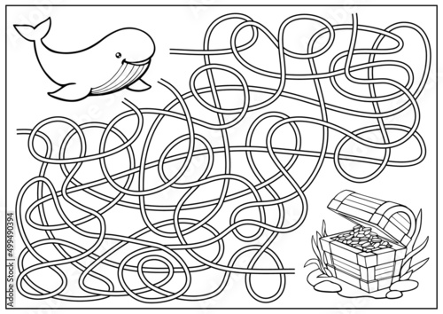 Maze game and labyrinth for kids. Children riddle and coloring book find way for sea whale to treasure. Education activity page and worksheet. Cartoon vector illustration.