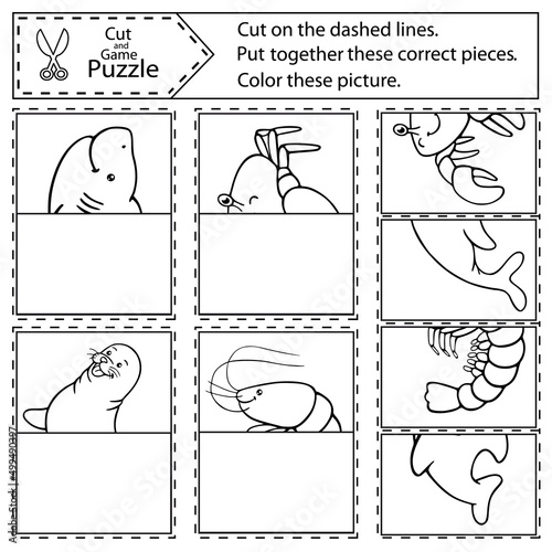 Kids coloring puzzle game. Cut and play card with drawing of cute sea animals. Vector printable children worksheet and activity page.