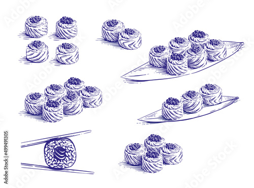 sushi set hand drawing sketch engraving illustration style