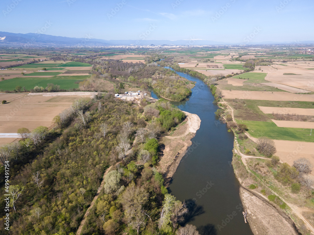 Aerial view of Chepelarska River, pouring into the Maritsa River, Bulgaria Aerial view of Chepelarska River, pouring into the Maritsa River, Bulgaria