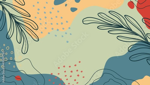 Animated botanical banner with organic shapes, leaves, plants. Abstract natural elements in trendy doodle style for holiday, business. Simple, minimal design. Modern background, greeting card.