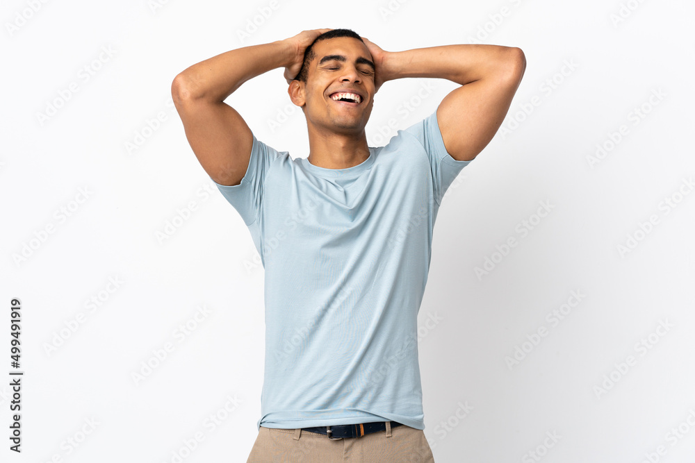 African American man over isolated white background laughing